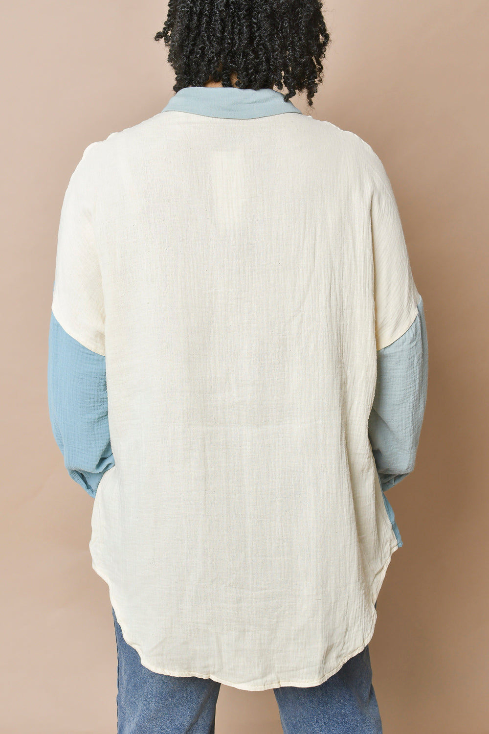 Women's Oversized Teal Patterned Pocketed Button Up